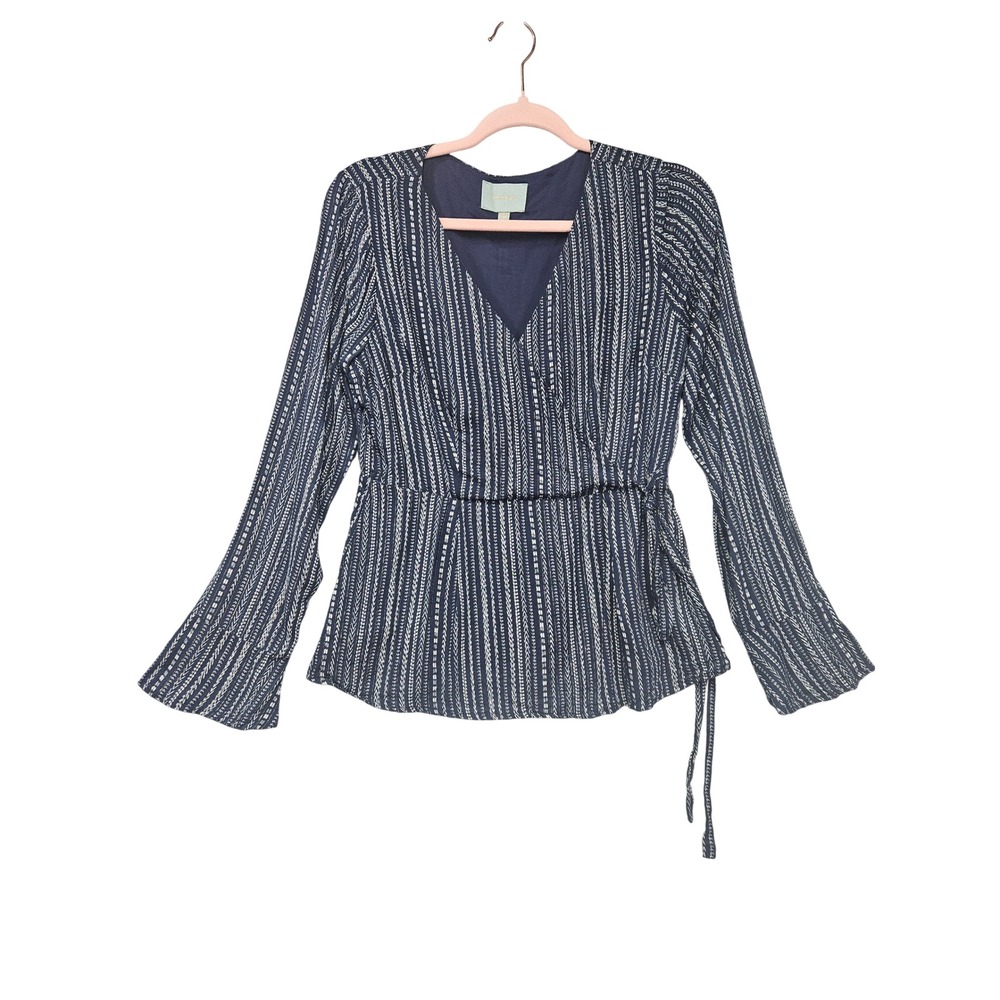 Skies Are Blue Navy Geometric Metallic Lurex Wrap Top Bell Sleeve Size S